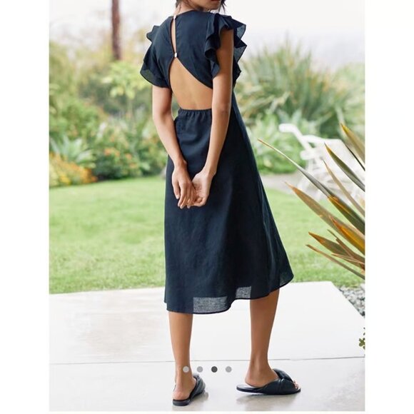 Charlie Holiday Women's Cherry Black Linen Flutter Sleeve Midi Dress Size 6 - Picture 2 of 8